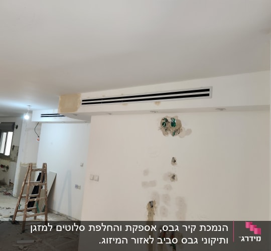 קיר גבס עם חורים ותעלות חשמל חשופות